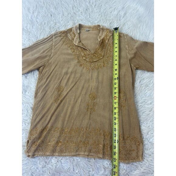Women Boho Yellow Gold Floral Embroidered Tunic Blouse 3/4 Long Sleeve OS - Picture 4 of 11